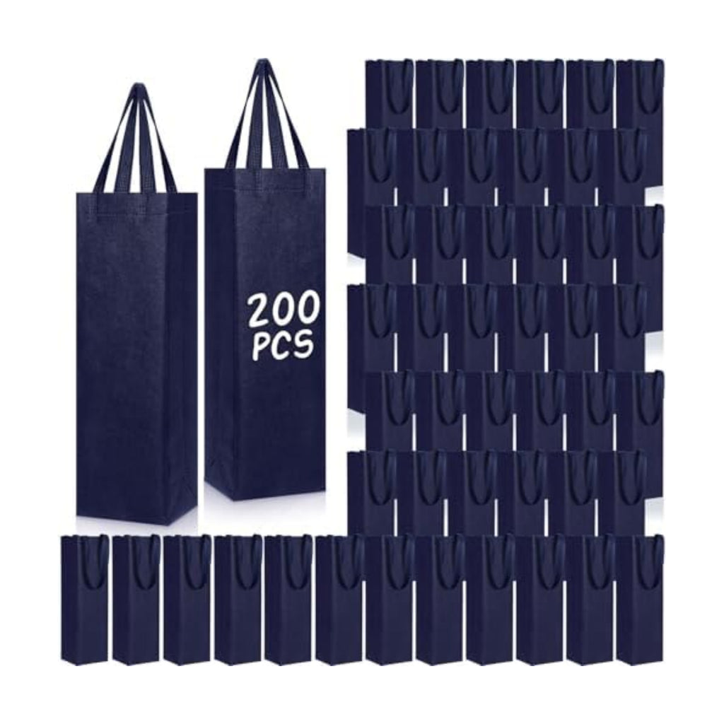 Windyun 200 Pcs Wine Gift Bags with Handle Reusable Small 13.8x3.5x3.9 Inches Liquor Bottle Totes Bulk for Birthday Wedding Christmas Holiday Party (Navy Blue)