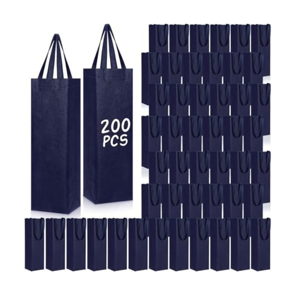 Windyun 200 Pcs Wine Gift Bags with Handle Reusable Small 13.8x3.5x3.9 Inches Liquor Bottle Totes Bulk for Birthday Wedding Christmas Holiday Party (Navy Blue)
