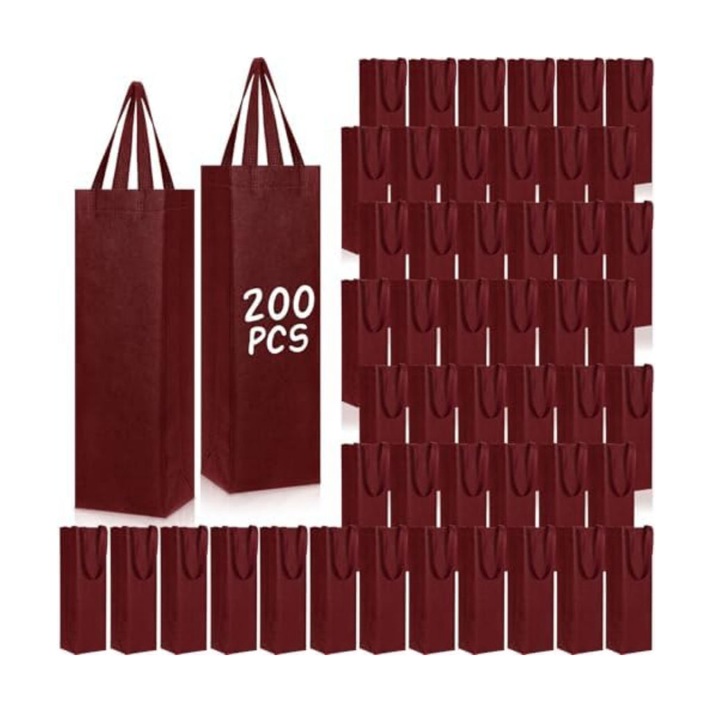 Windyun 200 Pcs Wine Gift Bags with Handle Reusable Small 13.8x3.5x3.9 Inches Liquor Bottle Totes Bulk for Birthday Wedding Christmas Holiday Party (Wine Red)