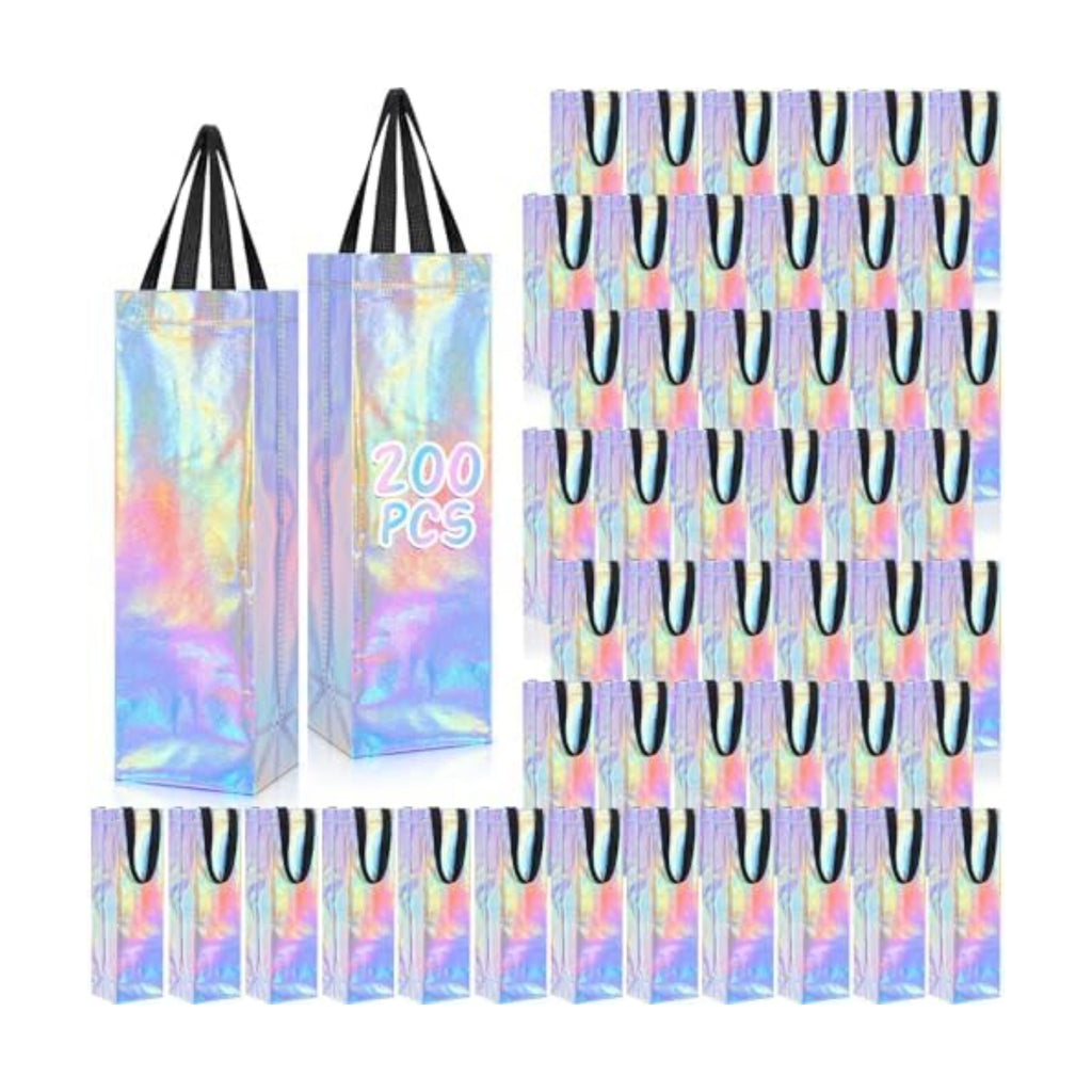Windyun 200 Pcs Wine Gift Bags with Handle Reusable Small 13.8x3.5x3.9 Inches Liquor Bottle Totes Bulk for Birthday Wedding Christmas Holiday Party (Iridescent)