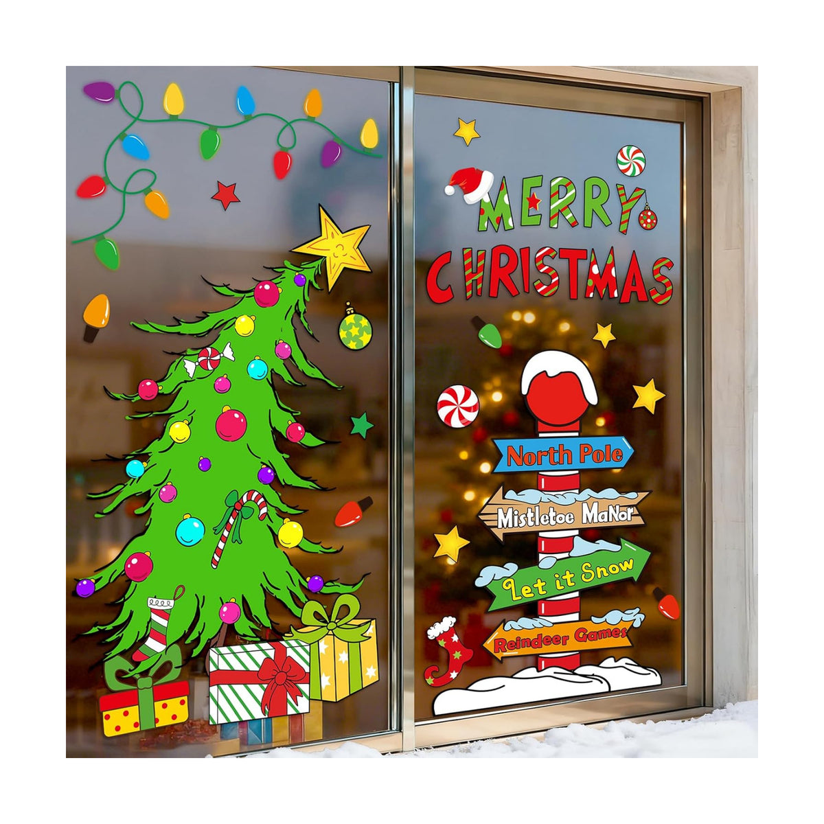 JarThenaAMCS Christmas Window Clings Decorations Extra Large Double-Sided Reusable Decals Rustic Curved Christmas Tree Arrow Yard Sign Stickers for Xmas Winter Home Office Party Glass Decor, 6 Sheets
