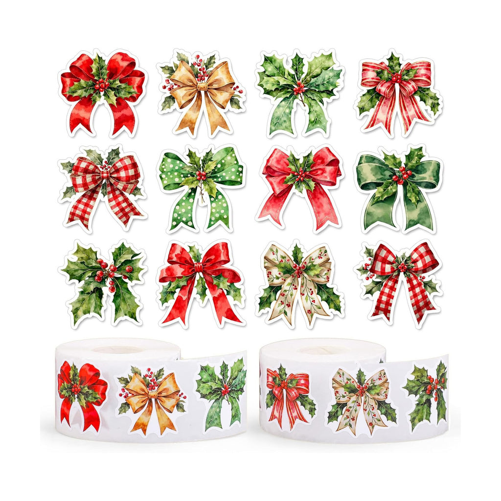 Whaline 1000 Pcs Christmas Bow Stickers Roll Xmas Holly Berry Bowknot Self-Adhesive Decals for Scrapbook Journal Envelope Holiday Decor, 12 Designs