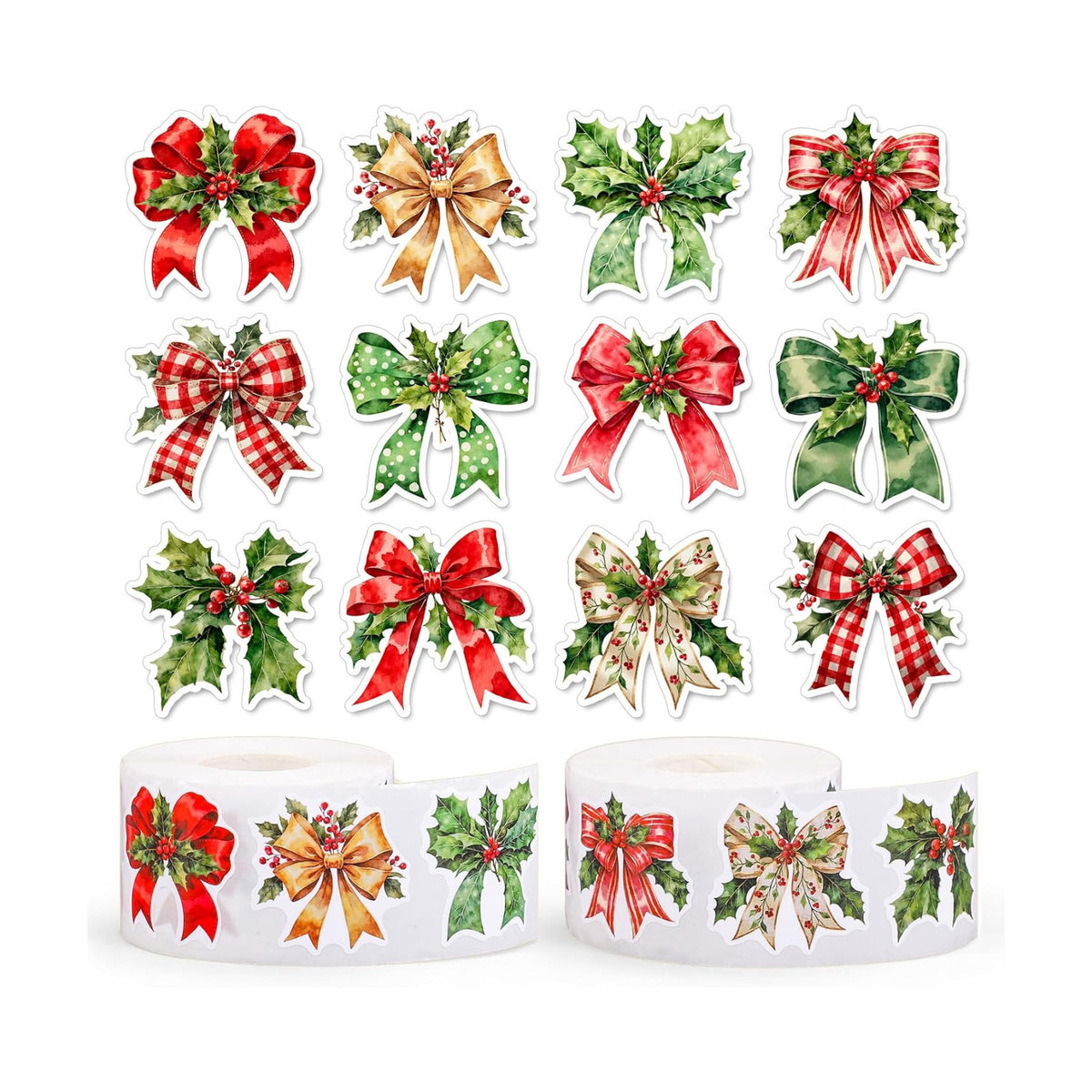 Whaline 1000 Pcs Christmas Bow Stickers Roll Xmas Holly Berry Bowknot Self-Adhesive Decals for Scrapbook Journal Envelope Holiday Decor, 12 Designs