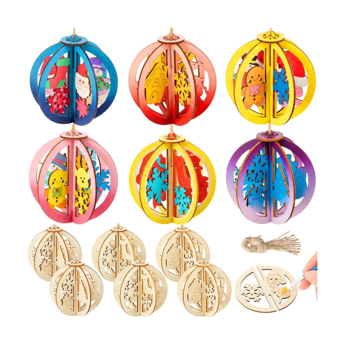 Chunful 72 Pcs DIY Christmas Wood Crafts to Paint 3D Unfinished Wooden Ornaments Christmas Hanging Cutouts Blank Hollow Wood Winter Snowflake House Holiday Wooden Slice for Xmas Tree Decorations
