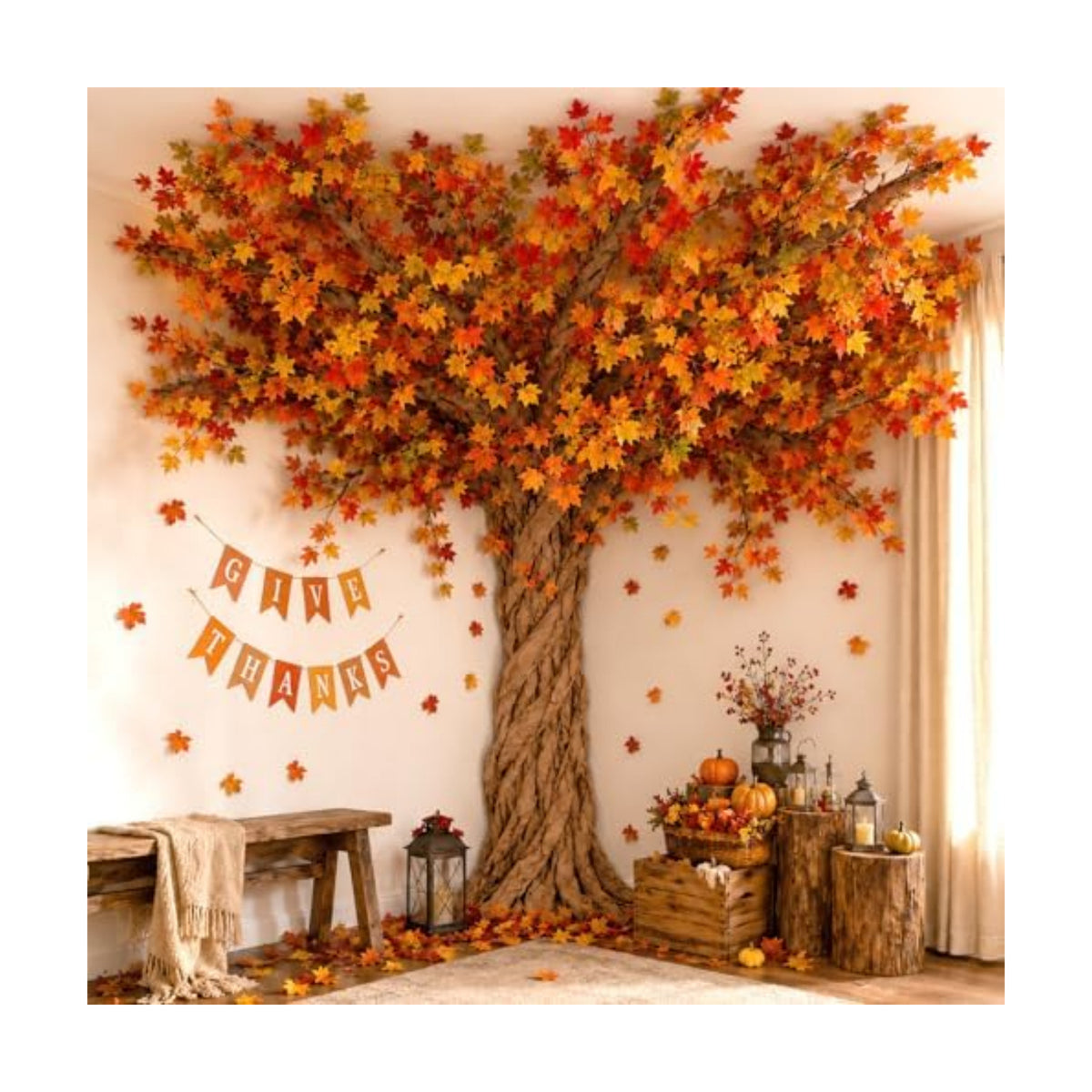 Thanksgiving Classroom Tree Bulletin Board Set Fall DIY 3D Kraft Craft Cardboard Tree with Simulated Maple Leaves Thanks Giving Banner Wall Decor for Autumn Rustic School Elementary Teacher Chalkboard