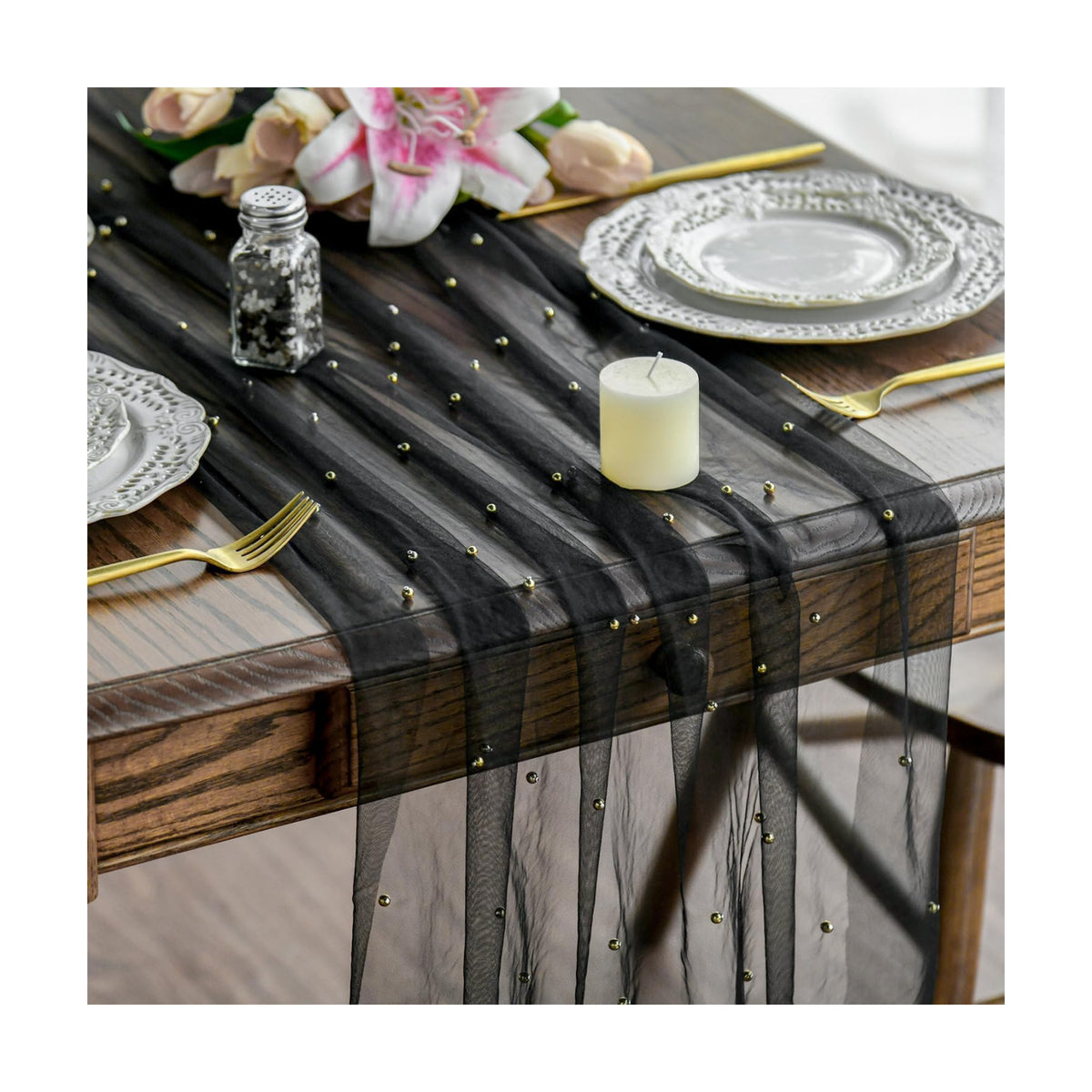 Artoid Mode 10-Pack Pearl Black Gauze Table Runner 10FT Home Decor