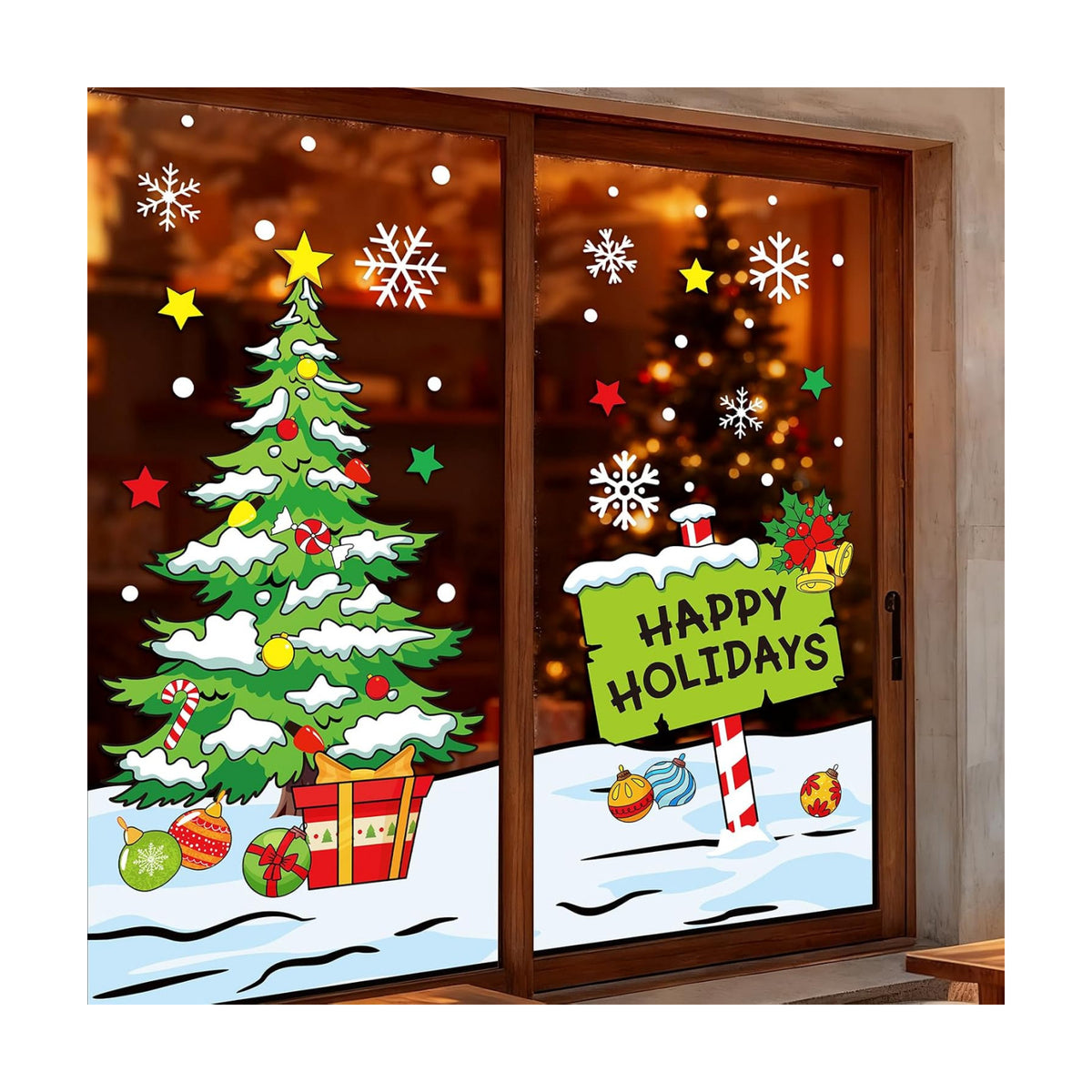 Whaline 6 Sheets Christmas Window Clings Xmas Tree Signpost Snowflake Window Decal Reusable Anti-Collision Windows Decor for Winter Home School Office Holidays Party Supplies