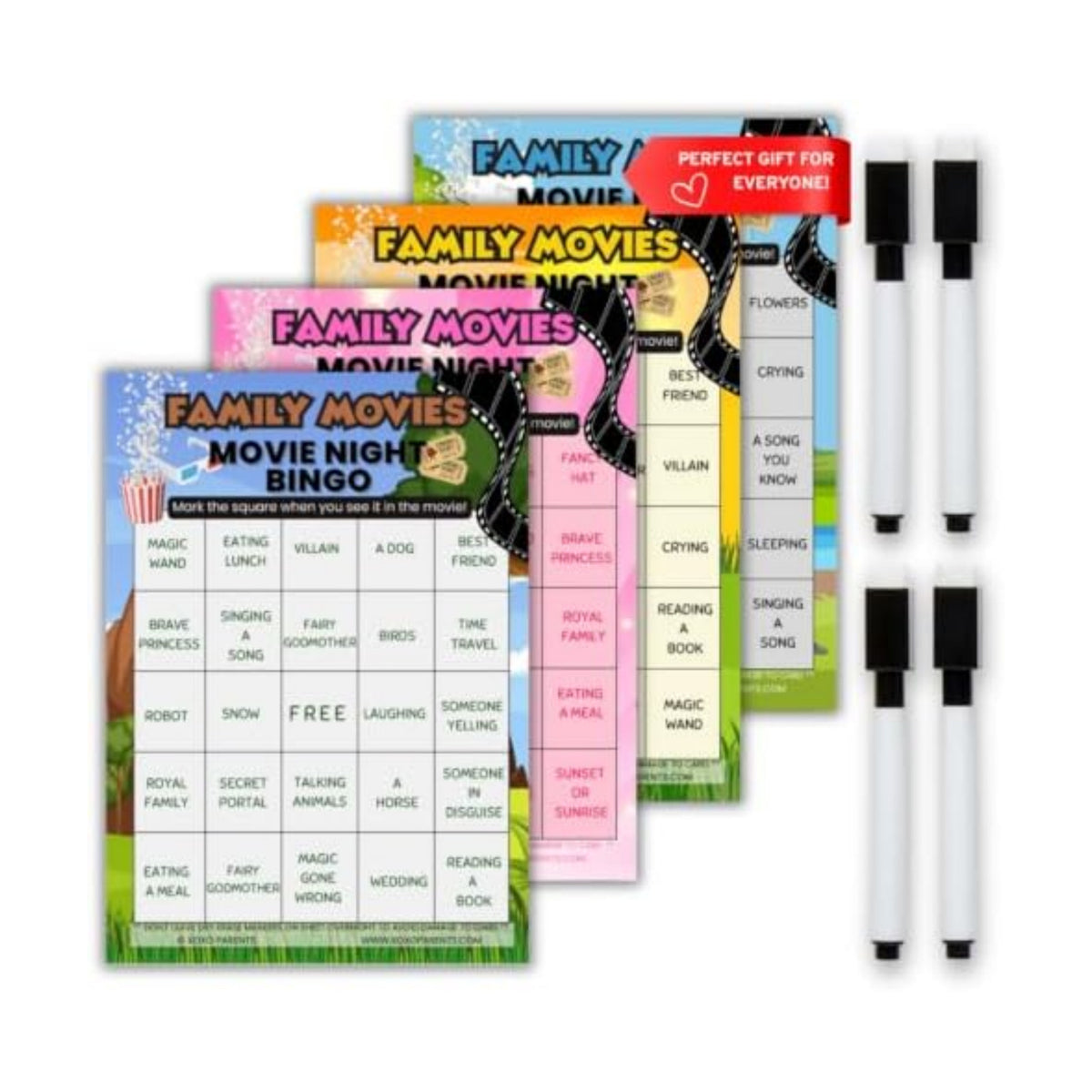 XOXO Parents Movie Night Bingo Cards, Reusable Supplies - Family