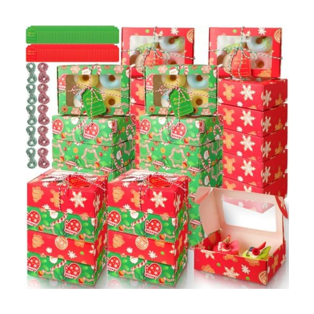 72 Set Christmas Cookie Boxes with Window 7"x4.7"x2.4" Christmas Cookie Tins Bakery Treat Box for Gift Giving Xmas Treat Container with Ribbon and Tag for Winter Xmas Party Supply (Cute)