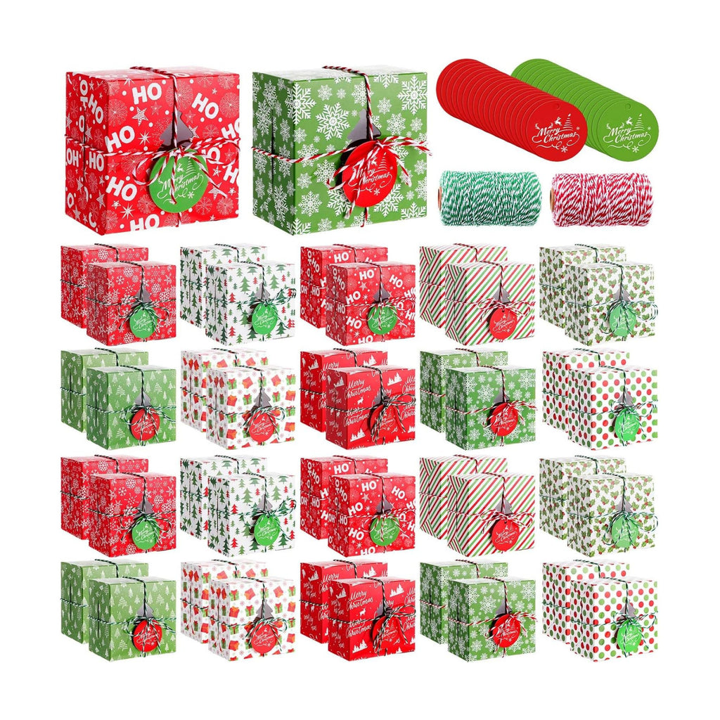 Glenmal 100 Set Christmas Bakery Cookie Boxes Cupcake Containers with Christmas Tree Window Xmas Day Cupcake Candy Goody Treat Gift Boxes with Cotton Rope Label for Xmas Party Favors Supplies