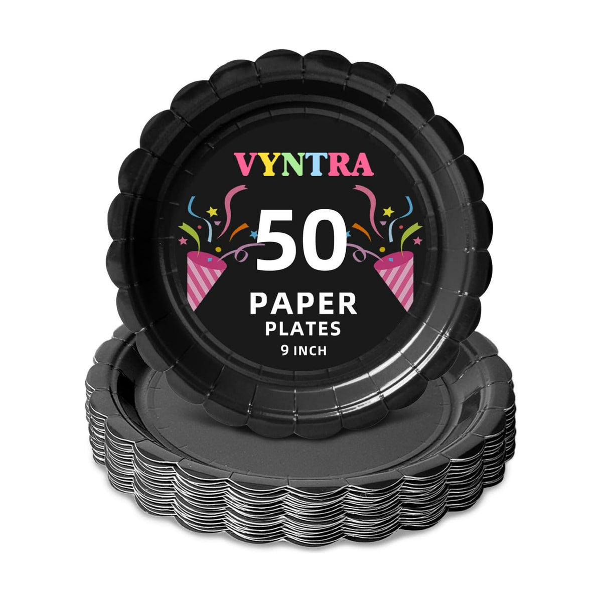 Vyntra 50 Pcs Black 9 Inch Scalloped Paper Dinner Plates