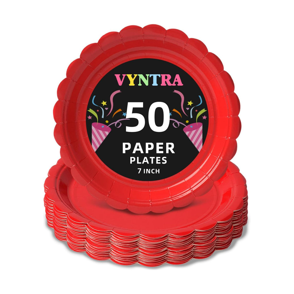 Vyntra 50 Pcs Red 7 Inch Scalloped Paper Dessert Plates