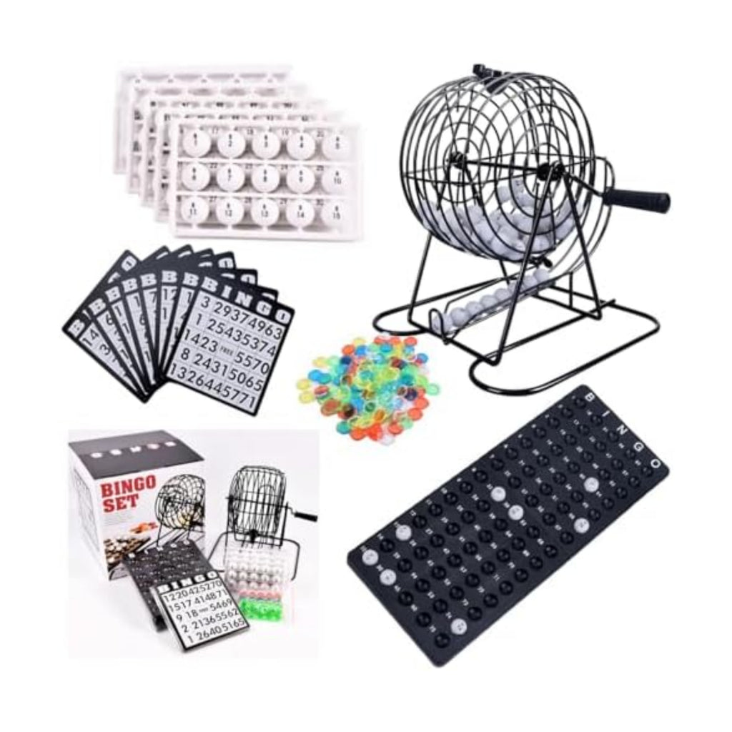 Bingo Cage Game Set for Adults and Youths，Premium Bingo Set includes 8inch rotating metal cage, 75 bingo balls, 18 cards, 150 chips, and foldable main board. Ideal for family bingo and parties