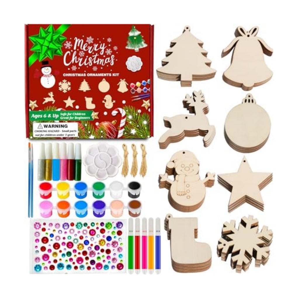 Christmas Ornaments Craft Kit, 48 Pcs Blank Wood Slices for Painting with Paint Pens and Brushes, DIY Wooden Christmas Ornament Set for Tree Decorations, Family Holiday Activities and Gifts