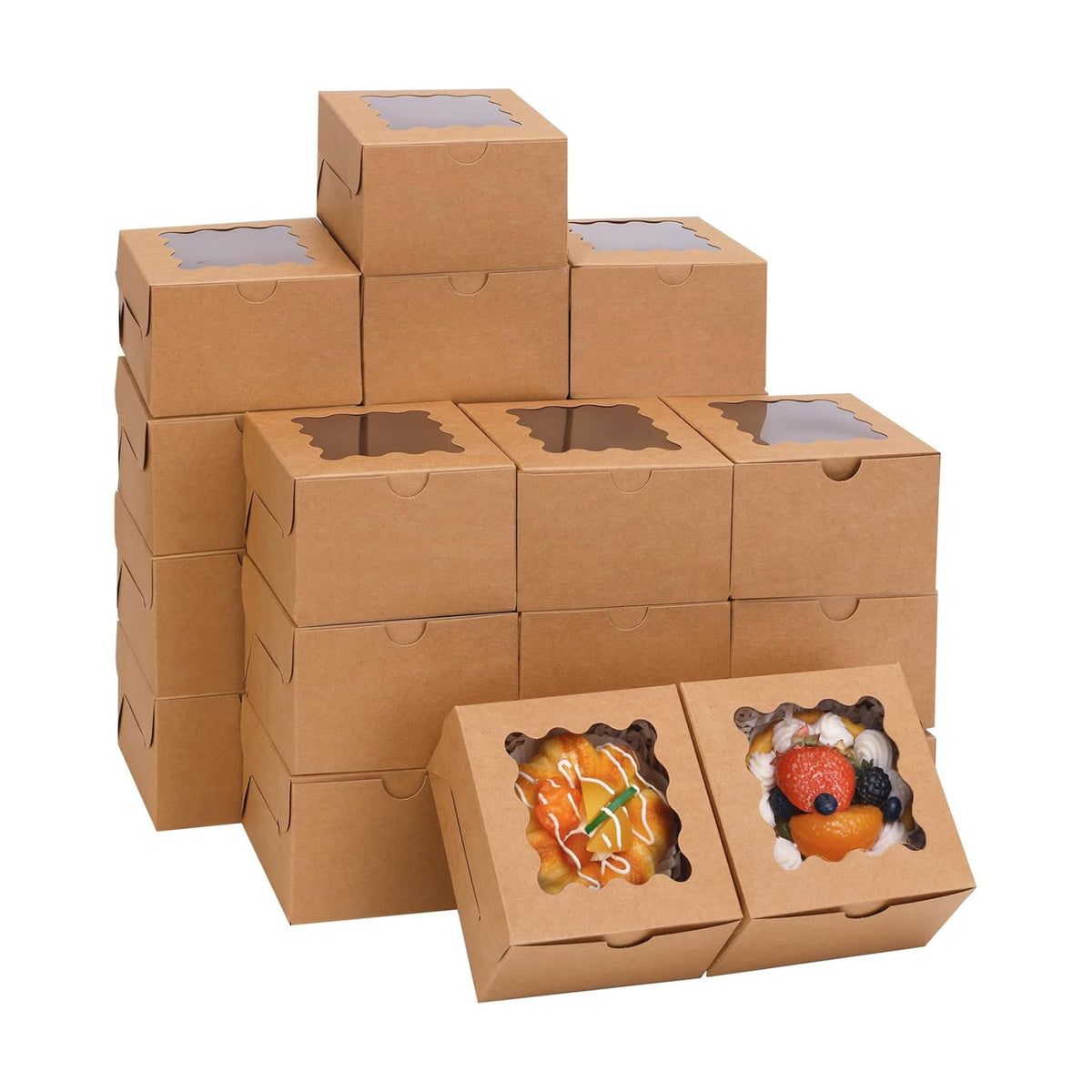 Moretoes 120pcs Small Cookie Boxes with Window,Brown Bakery Boxes,4x4x2.5
