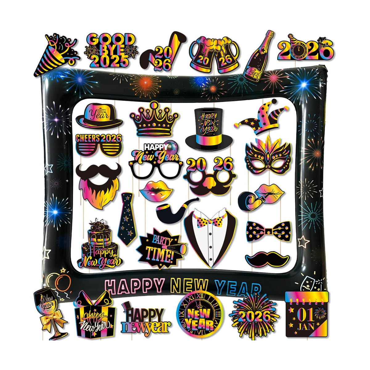 2026 New Year Photo Booth Inflatable Frame Kit, 30Pcs Colorful Neon New Years Photo Booth Props with Inflatable Picture Frame for New Year Eve Party Selfie Props Supplies