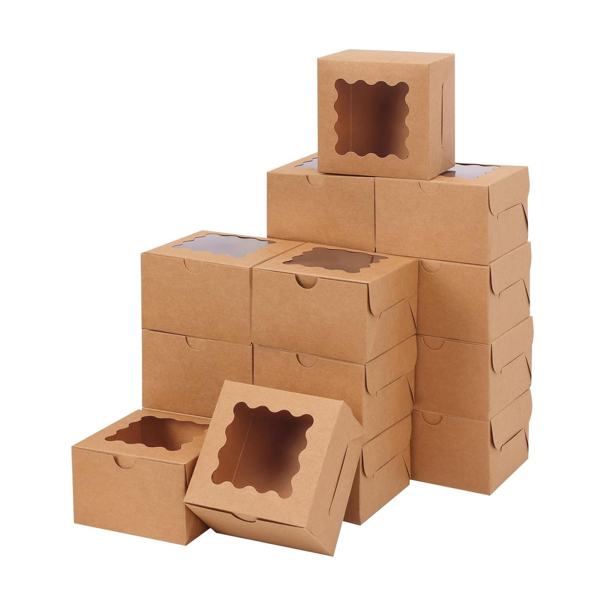 Moretoes 50pcs Small Cookie Boxes with Window, 4x4x2.5In Brown Bakery Boxes