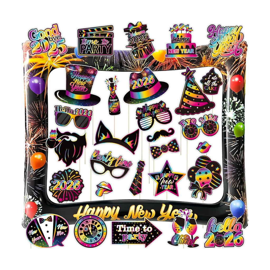 2026 New Year Photo Booth Inflatable Frame Kit, 30Pcs Fluorescent Color New Years Photo Booth Props with Inflatable Picture Frame for New Year Eve Party Selfie Props Supplies