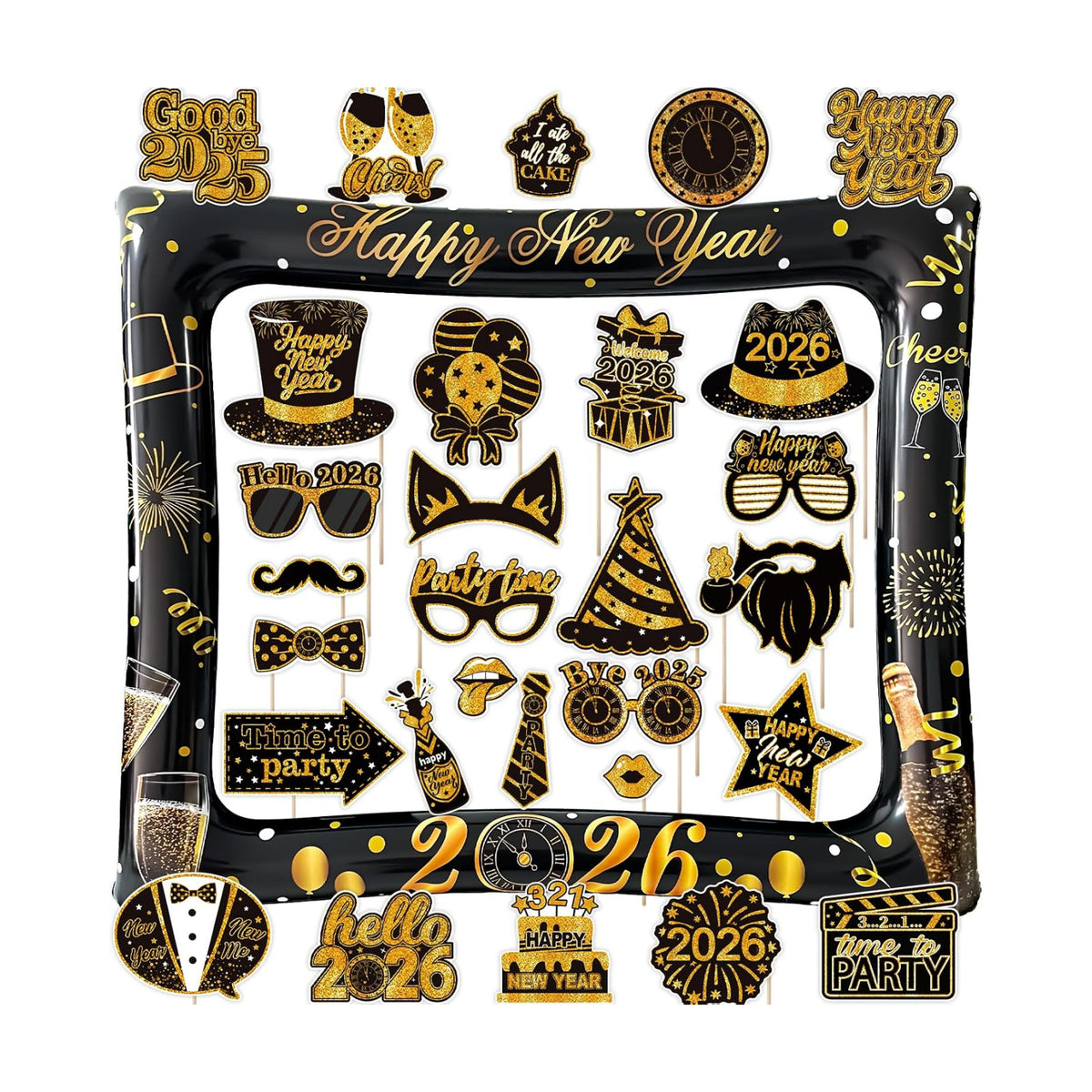 2026 New Year Photo Booth Inflatable Frame Kit, 30Pcs New Years Photo Booth Props with Inflatable Picture Frame Black Gold Decorations for New Year Eve Party Selfie Props Supplies