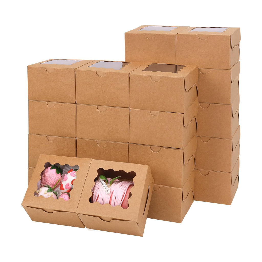 Moretoes 24pcs Small Cookie Boxes with Window, 4x4x2.5In Brown Bakery Boxes