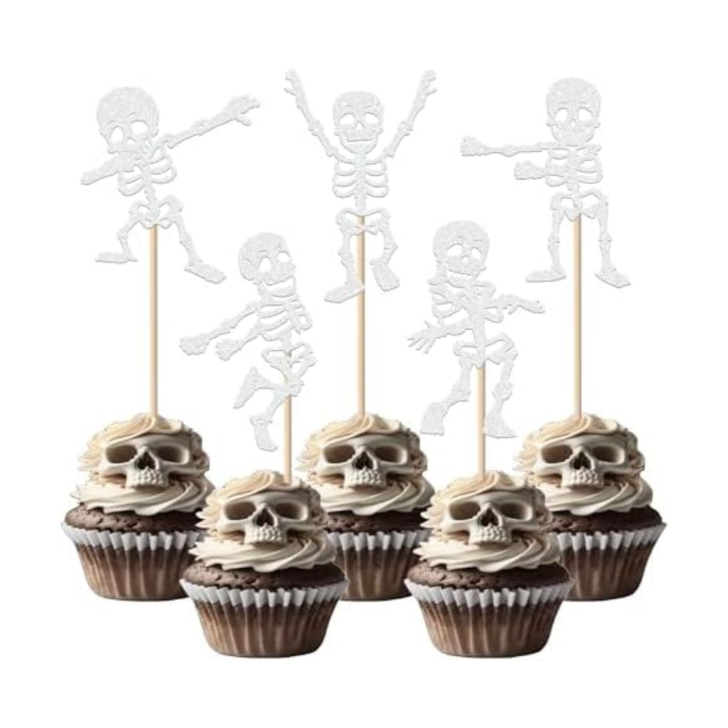 Rsstarxi 30 Pack Halloween Skull Cupcake Toppers Glitter Happy Halloween Theme Skull Dance Cupcake Picks for Baby Shower & Birthday Party Cake Decorations Supplies White