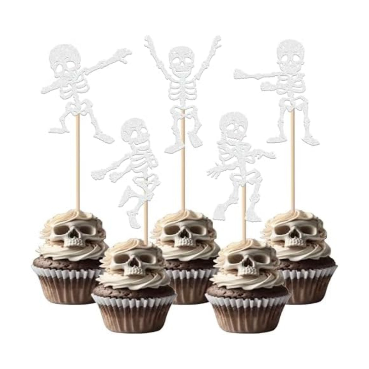 Rsstarxi 30 Pack Halloween Skull Cupcake Toppers Glitter Happy Halloween Theme Skull Dance Cupcake Picks for Baby Shower & Birthday Party Cake Decorations Supplies White