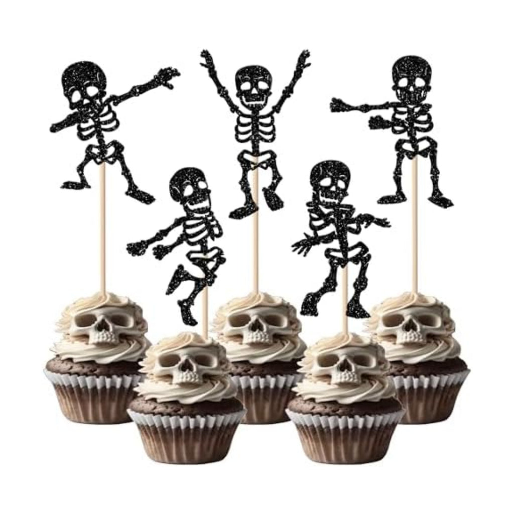 Rsstarxi 30 Pack Halloween Skull Cupcake Toppers Halloween Theme Party Decorations Skull Dance Cupcake Picks for Baby Shower & Birthday Party Cake Decorations Supplies Black