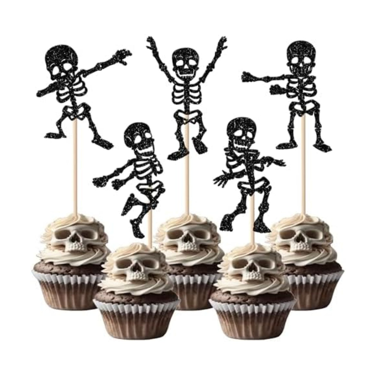Rsstarxi 30 Pack Halloween Skull Cupcake Toppers Halloween Theme Party Decorations Skull Dance Cupcake Picks for Baby Shower & Birthday Party Cake Decorations Supplies Black