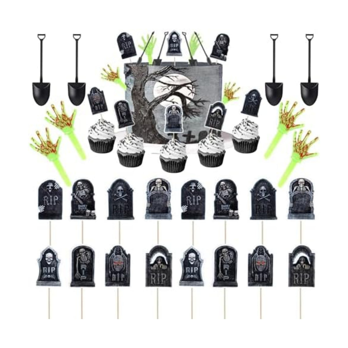 Rsstarxi 60 Pack Halloween Skeleton Zombie Hand Cupcake Toppers Shovel Spoons Spooky Graveyard Cupcake Picks Halloween Cake Decorations for Horror Theme Birthday Party Decorations