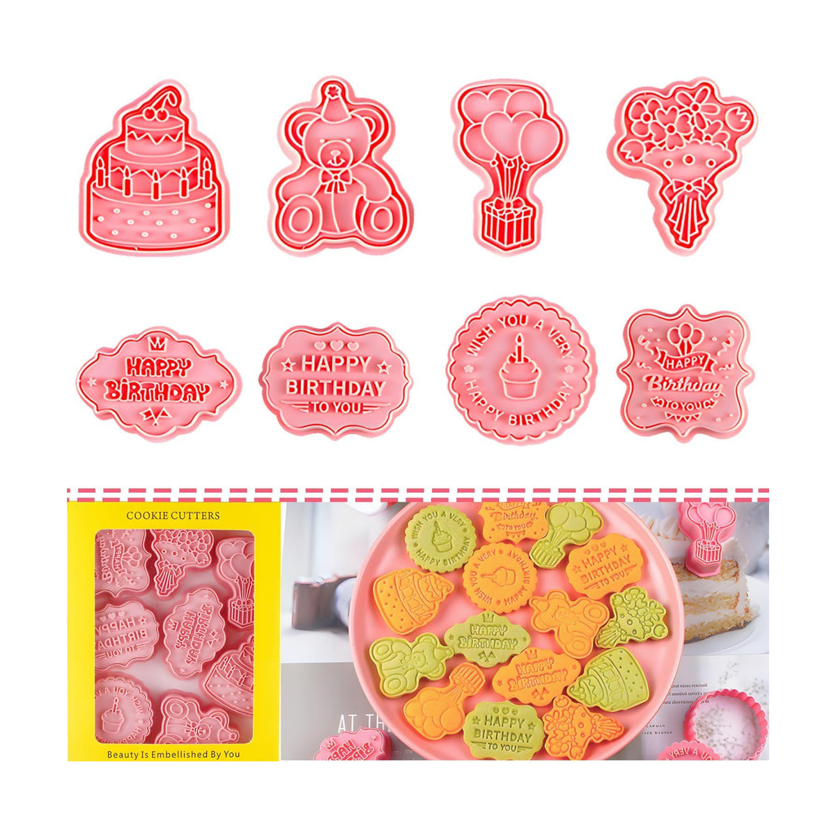 BESEK 8PCS Birthday Cookie Cutters, Birthday Party Cookie Cutter - 8 Shaped Cookie Cutter, Baking Tool for Homemaking Cookie