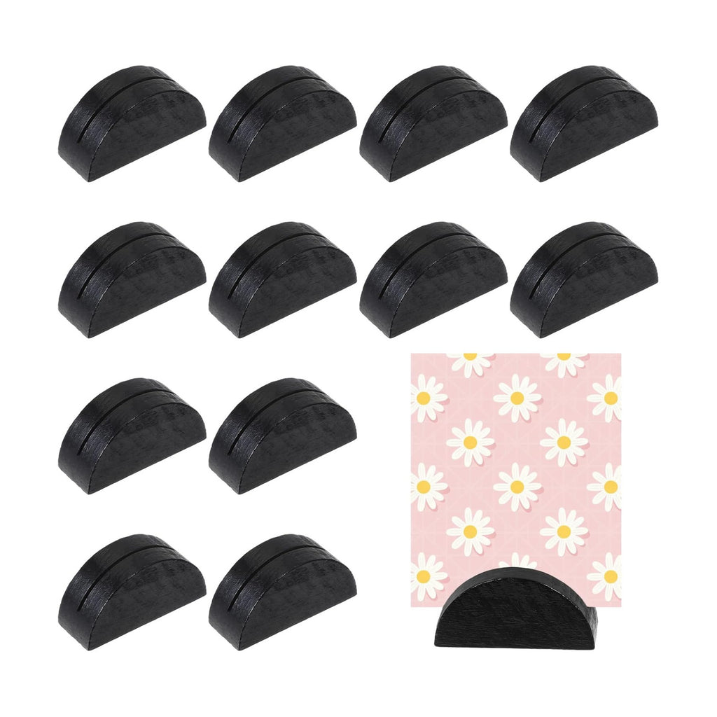 12 PCS Wooden Table Number Stands, Semicircular Wedding Place Card Holders, Reusable Wood Table Name Holders for Wedding Restaurant Banquet Birthday Party Photo Menu Clips Office Tag (Black)