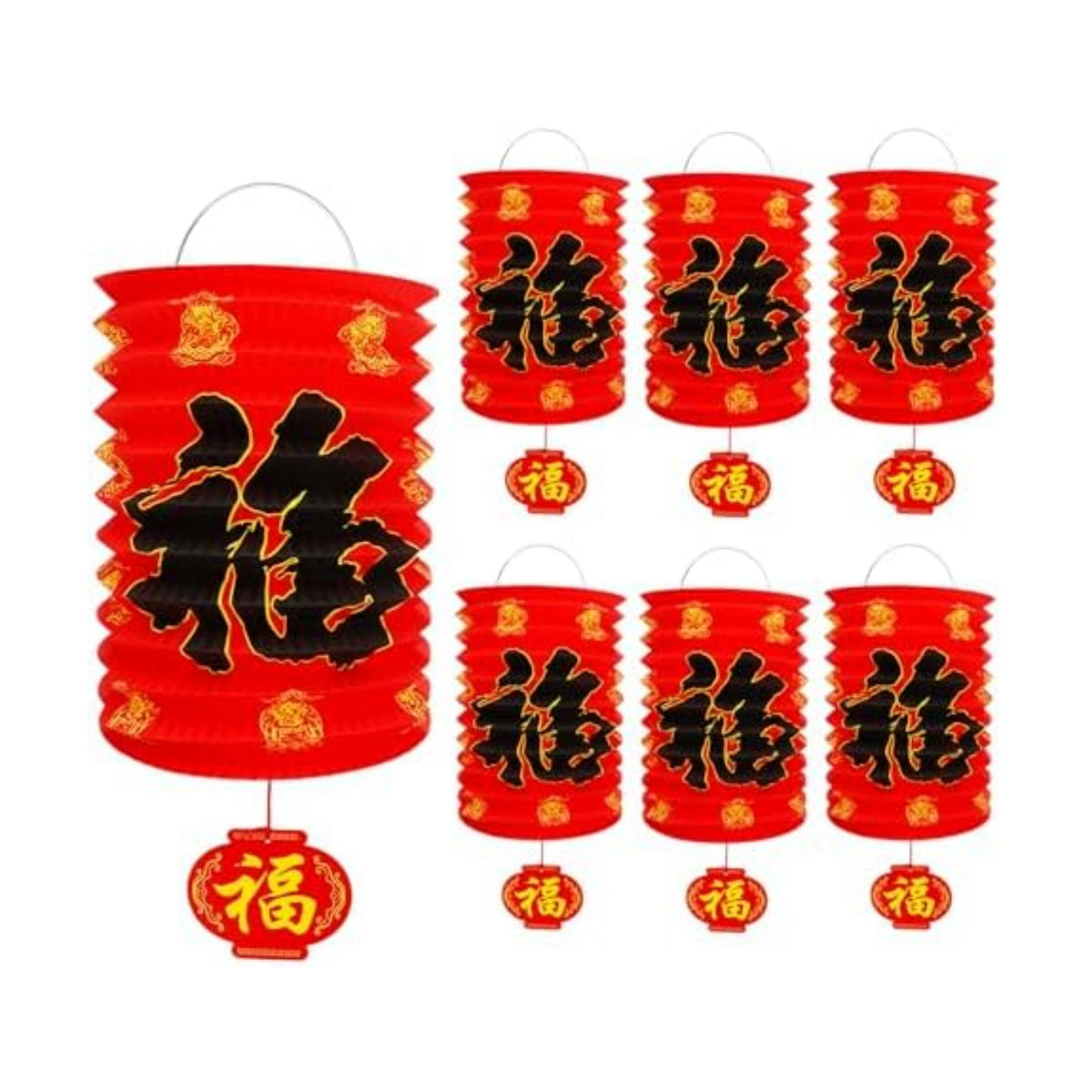 Chinese New Year Lanterns Decoration 2026, 6 Pcs Lunar New Year Red Fu Paper Lanterns, 6.2 x 11 Inches Lucky Fu Character Lantern Lunar Spring Festival Ceiling Hanging Decor for Home Restaurant Store