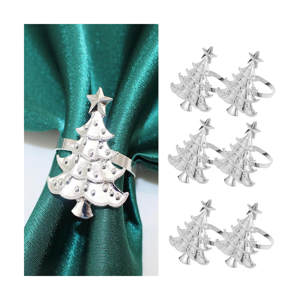 Silver Christmas Tree Napkin Rings Set of 6, Metal Xmas Napkin Holders, Wedding Dinner Table Decorations Winter Christmas Ornaments
