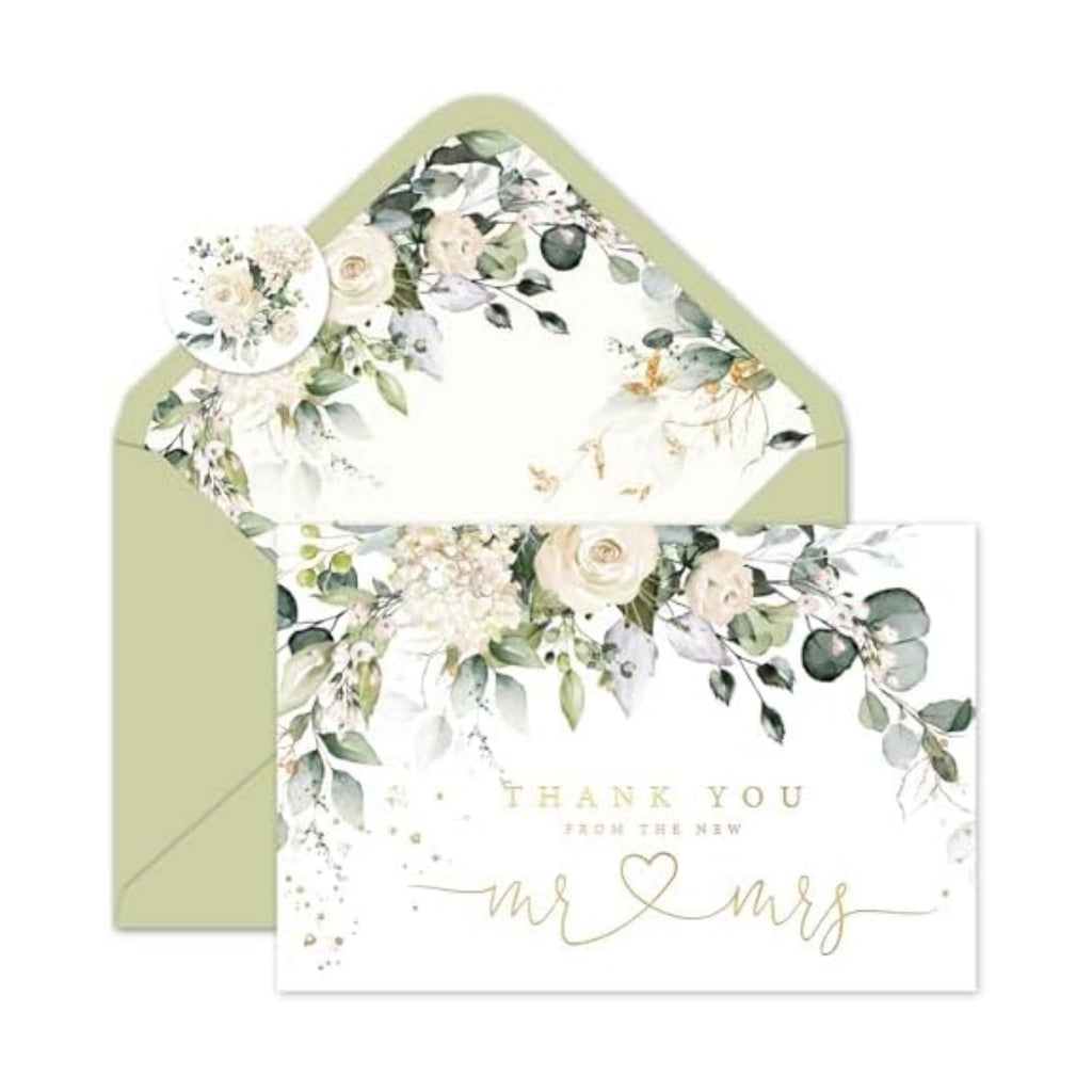 Whaline 24 Pack Wedding Thank You Cards Eucalyptus Leaves Greeting Card From the New Mr & Mrs Floral Blank Note Cards with Envelope Sticker for Bridal Shower