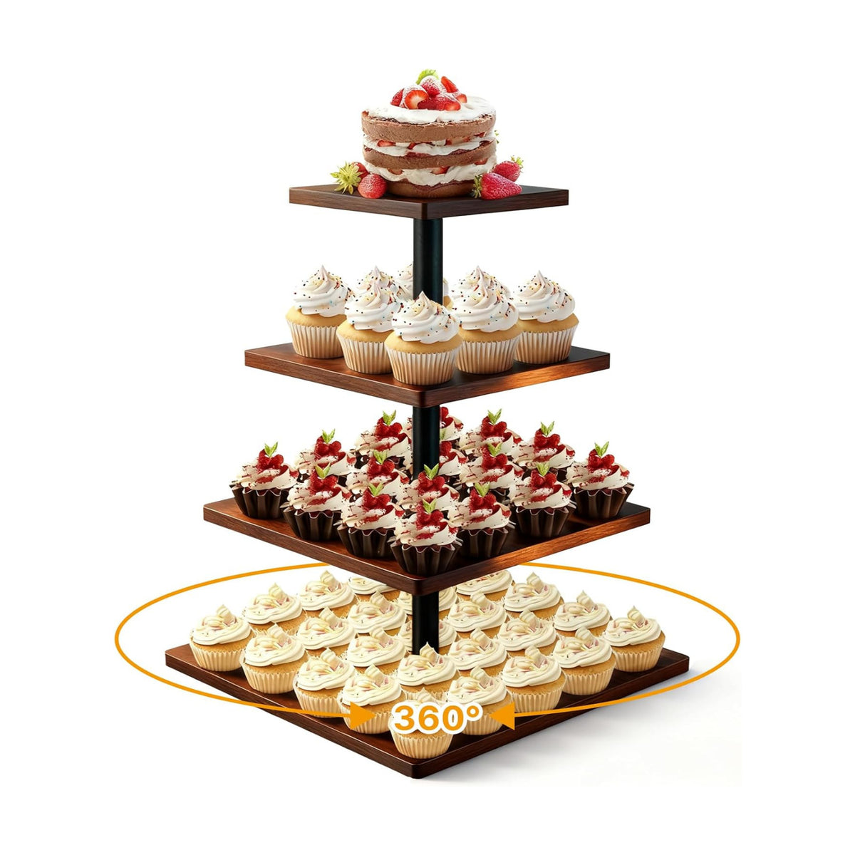 4 Tier Cupcake Stand for 50 Cupcakes,360°Wooden Cake Dessert Tower Holder