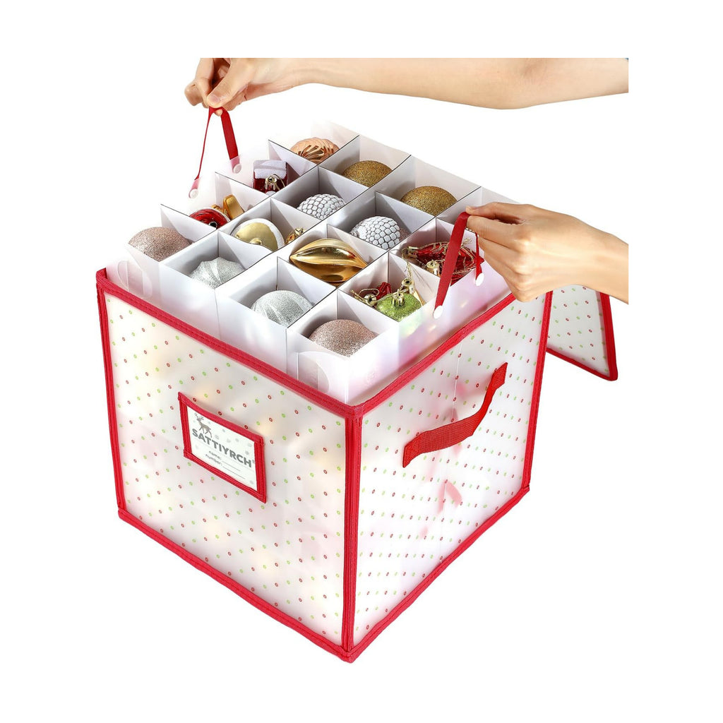 Sattiyrch Plastic Christmas Ornament Storage Box with Trays,Customizable Dividers, Dust-Proof Durable Ornament Organizer Holder,Christmas Storage Containers,Holds 64 x 3 Ornaments