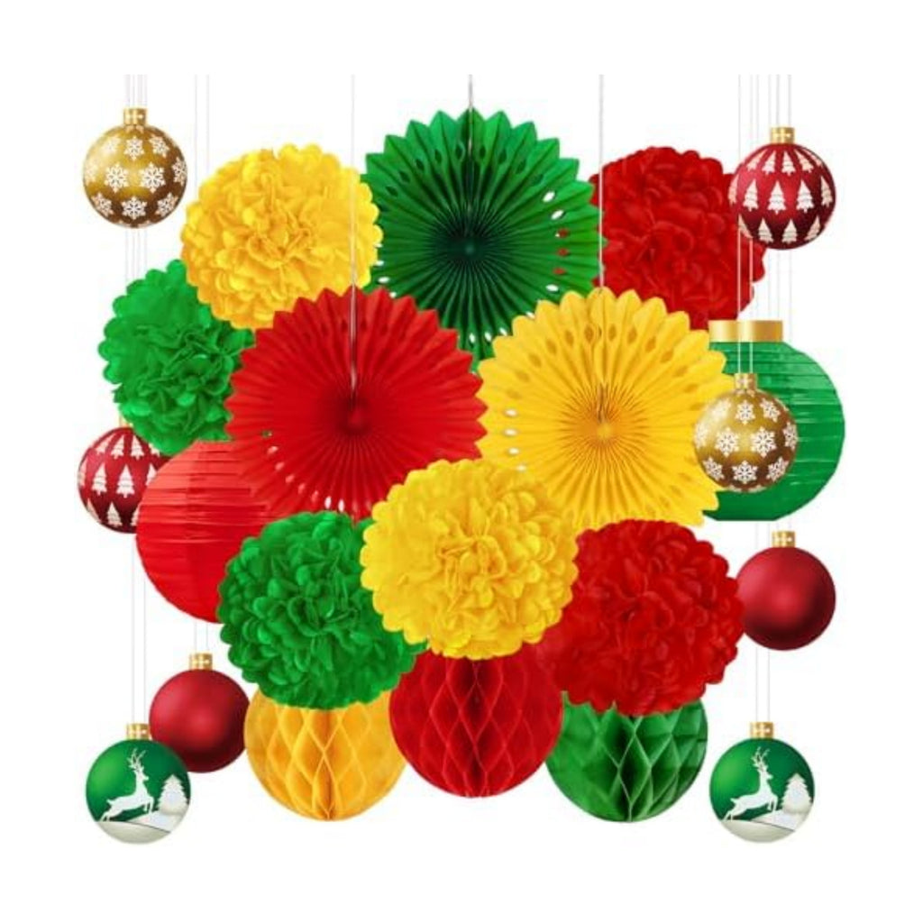 22pcs Christmas Party Decorations Indoor – Red Green Gold Paper Fans, Hanging Lanterns, Honeycombs, Pom Poms, Xmas Ball-Shaped Cards for Holiday, Office Decor