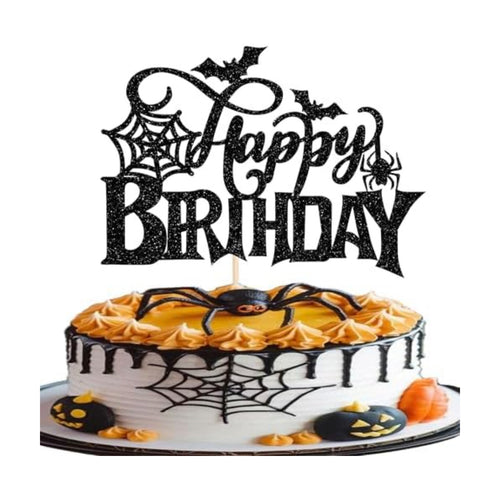 1 Pack Halloween Happy Birthday Cake Topper Glitter Bat Halloween Cake Pick for Horror Baby Shower Themed Cupcake Decoration Birthday Party Supplies
