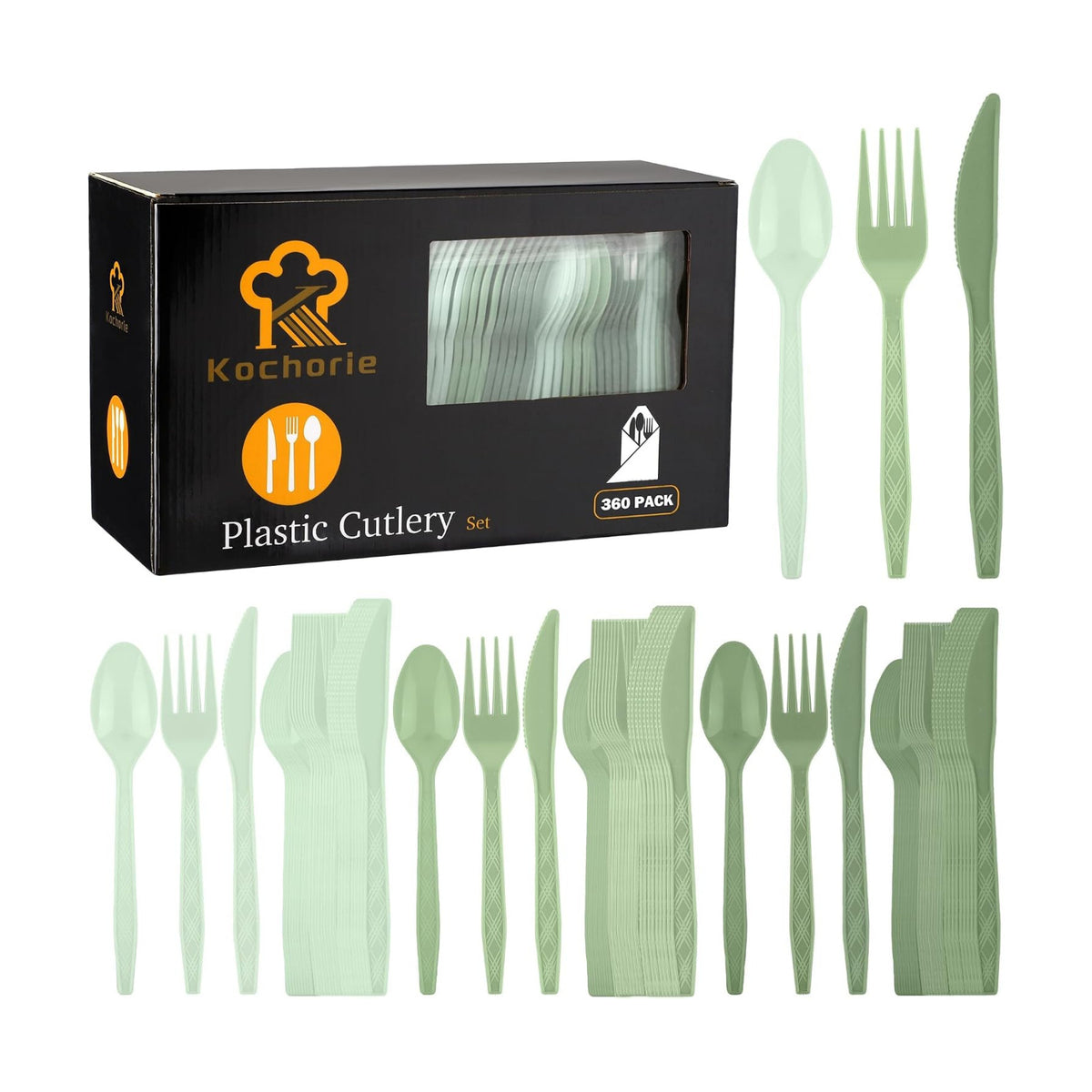 Kochorie 360 Pieces Gradient Sage Green Plastic Cutlery Set