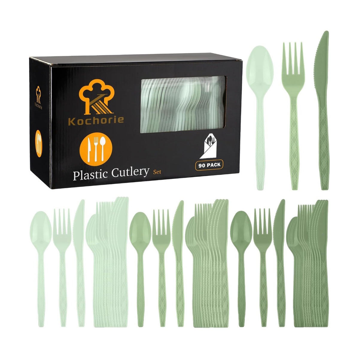 Kochorie 90 Pieces Gradient Sage Green Plastic Cutlery Set