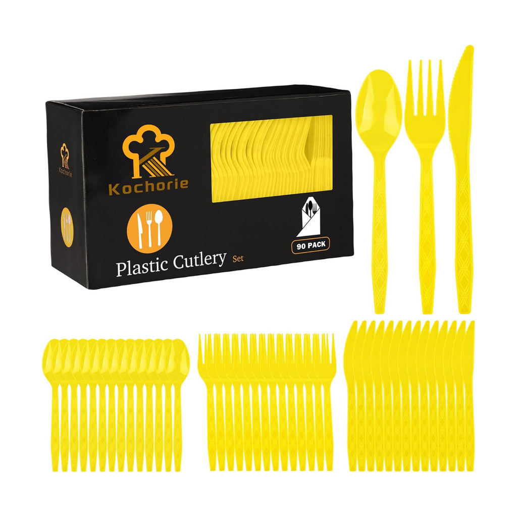 Kochorie 90 Pieces Yellow Plastic Cutlery Set