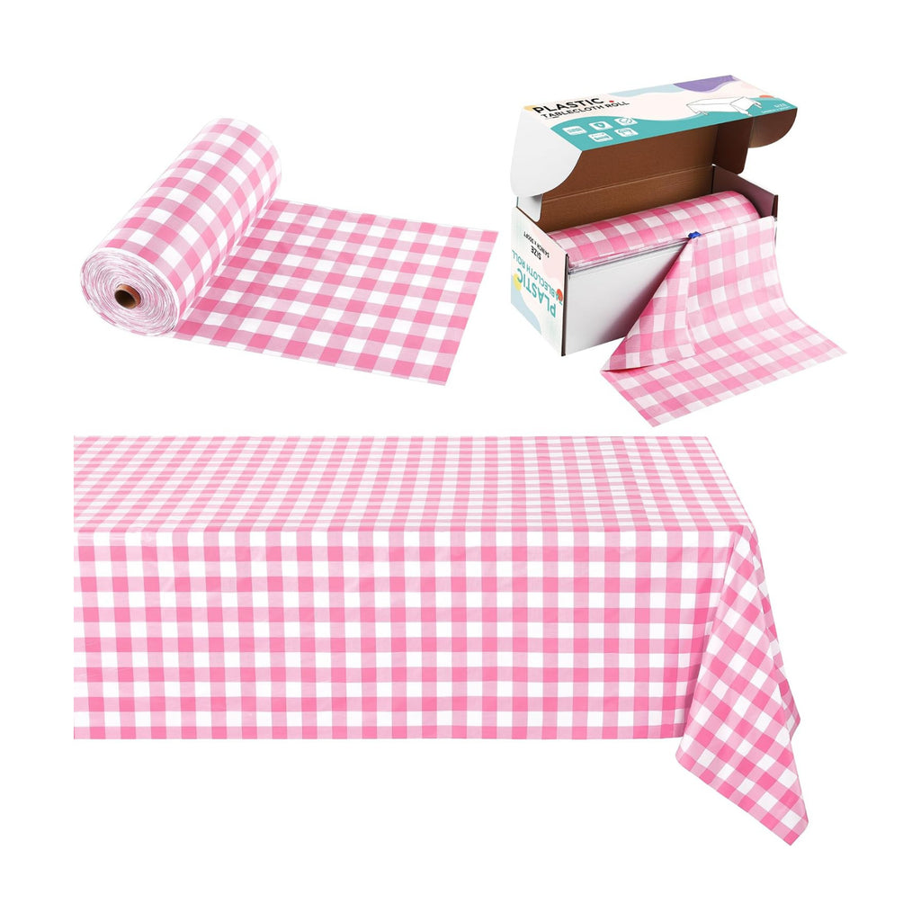 Kochorie 54 Inch x 300 Ft Light Pink Checkered Plastic Table Cloth Roll Disposable Waterproof Table Cover Plastic Table Cover Roll with Easy Slide Cutter for Outdoor Picnic/Home Dining/Spring Party