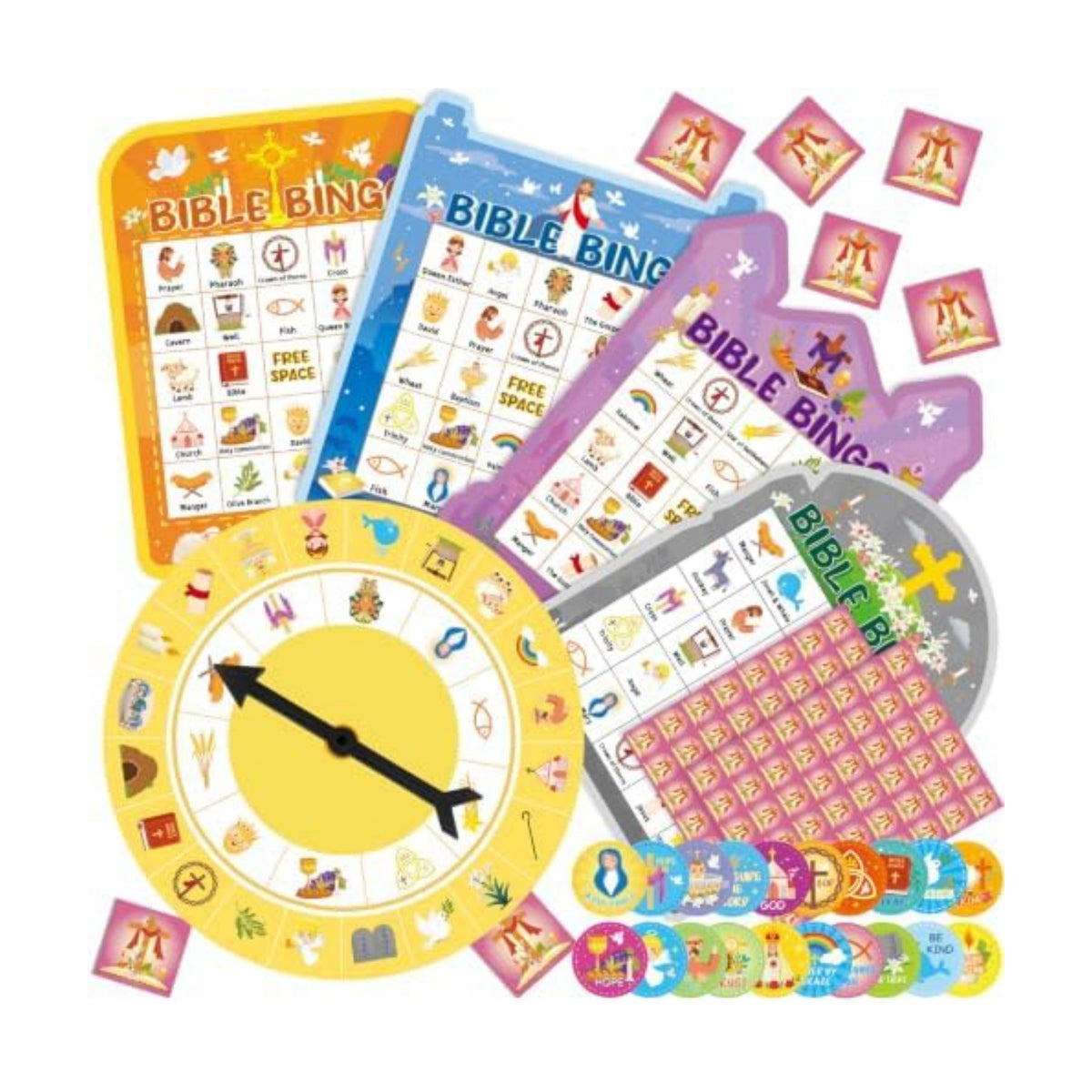 Easter Bible Bingo Game for Adults 24 Players Easter Bible Games for Kids Christian Supplies Cross Bingo Cards with Turntable Reward Stickers for Christian Party Activities Home Family Game