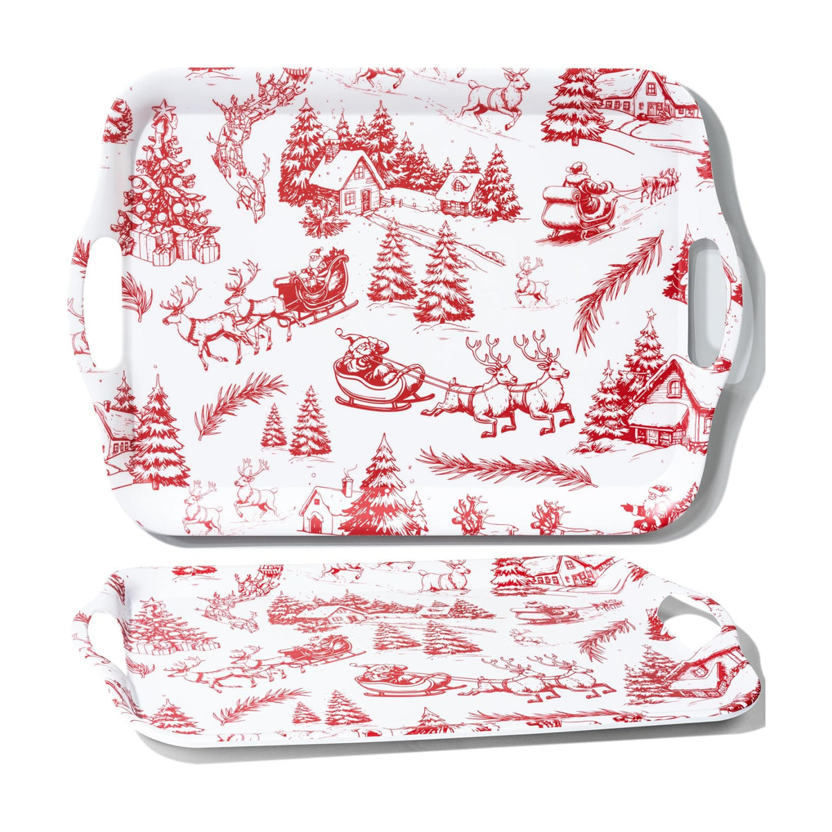 ONEderful 2-Pack Christmas Serving Trays – 18x13 Inches Winter Wonderland Handled Platters, Large Holiday Trays for Christmas Parties, Buffets & Family Gatherings (Christmas Color Scheme)
