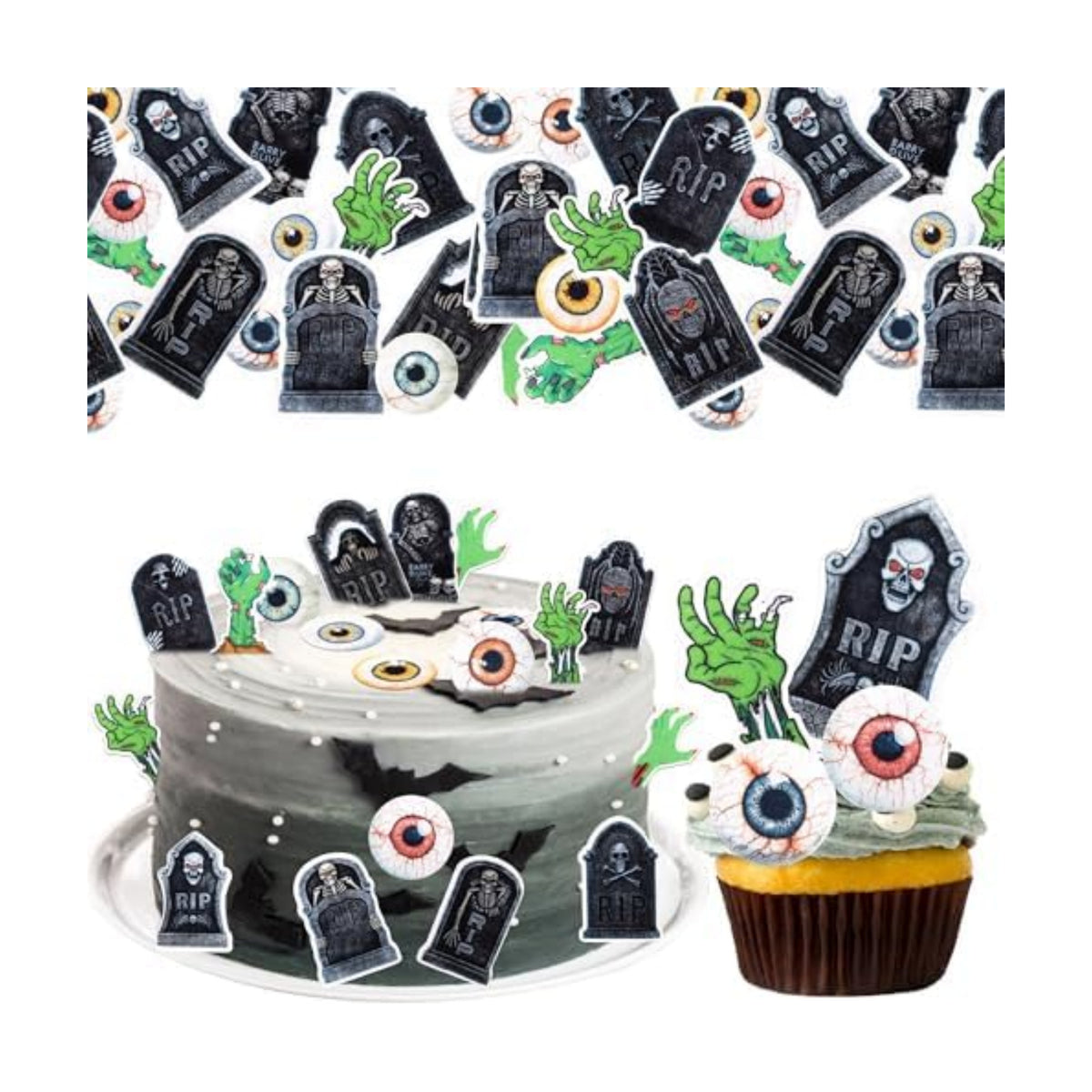 72 PCS Edible Halloween Cupcake Toppers Wafer Paper Skeleton Graveyard Tombstone Cupcake Picks Edible Horror Eyeballs Zombie Hands Cake Decorations for Halloween Theme Birthday Spooky Party Supplies