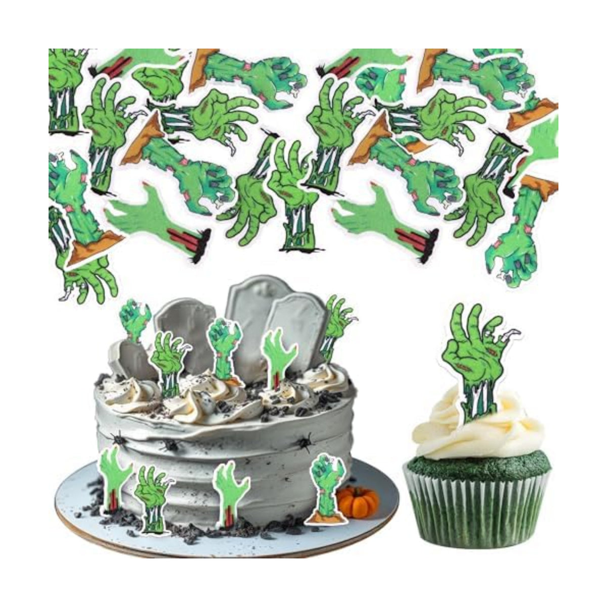 60 PCS Edible Zombie Hands Cupcake Toppers Wafer Paper Halloween Cupcake Picks Edible Horror Zombie Hands Cupcake Decorations for Halloween Theme Zombie Birthday Party Cake Decorations Supplies