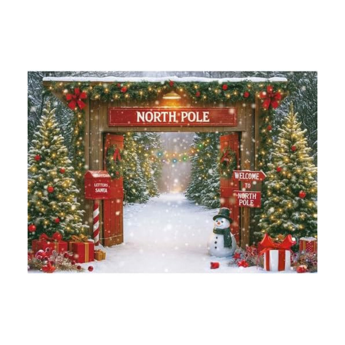 Christmas Photography Backdrop 12x8ft – Rustic Snowy Forest Barn Door with Xmas Tree, North Pole Winter Scene Fabric Photo Background for Family Party, Baby Holiday Photos