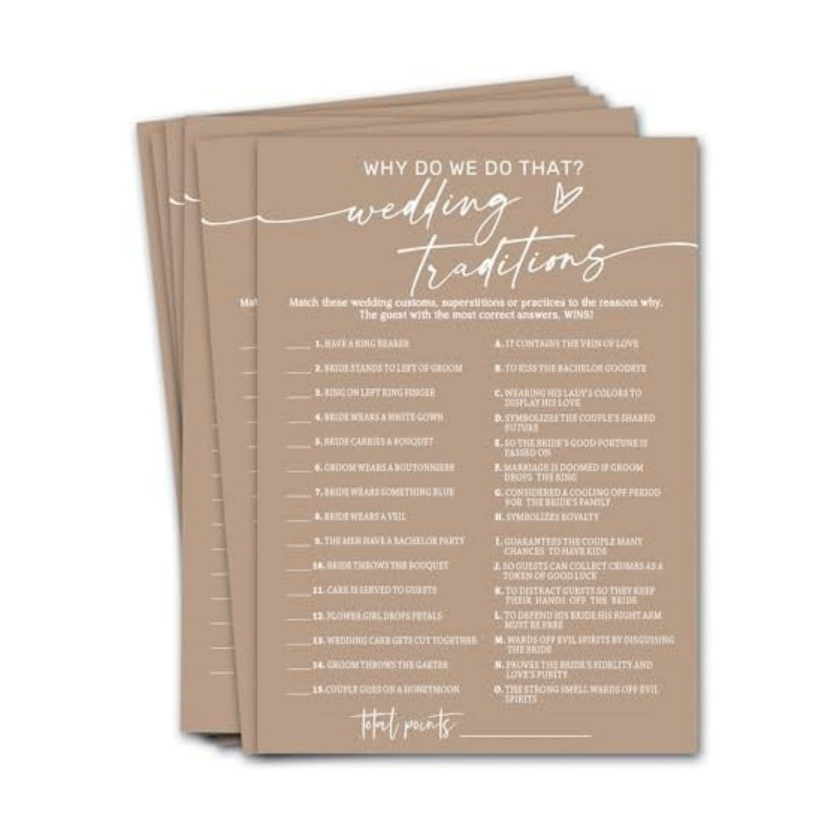 Bridal Shower Game Cards Wedding Traditions Why Do We Do That 25 Players with Answer Key | Engagement Party Games for Guests Minimalist Brown Wedding Shower Supplies - D08-3
