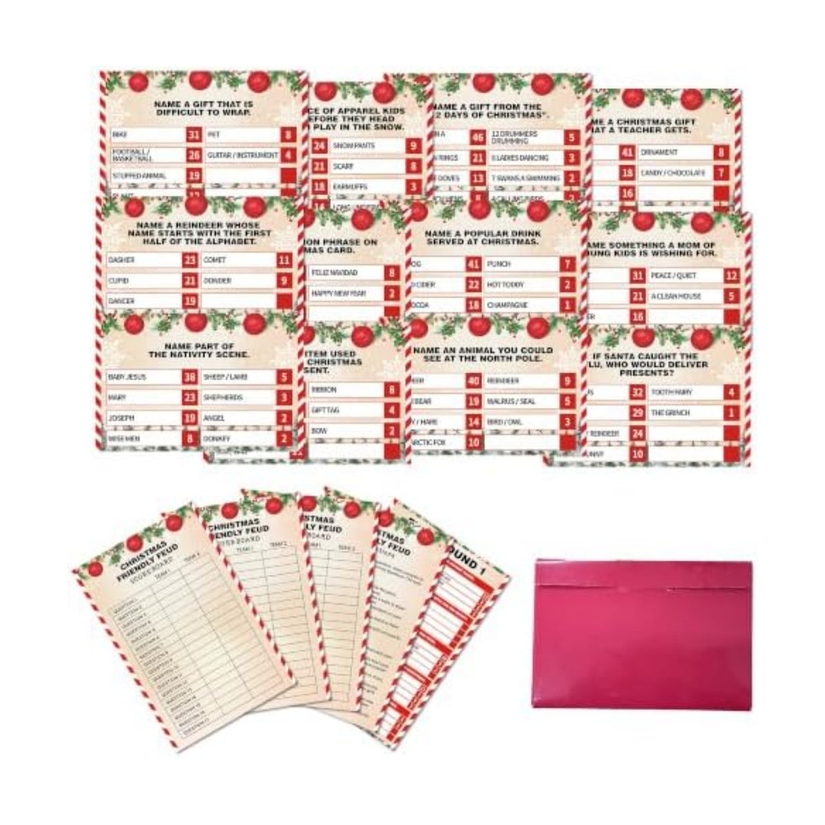 Christmas Friendly Feud Game, Xmas Balls Themed Party Game for Family, Winter Party Supplies and Activities Decorations, Holiday Trivia Games for Large Groups, 1 Pack(01)