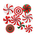 9 Pcs Christmas Party Decorations, Red and Green Hanging Candy Paper Fans Candy Cane Wall Ceiling Decor for Xmas Party, Classroom, Office, Birthday
